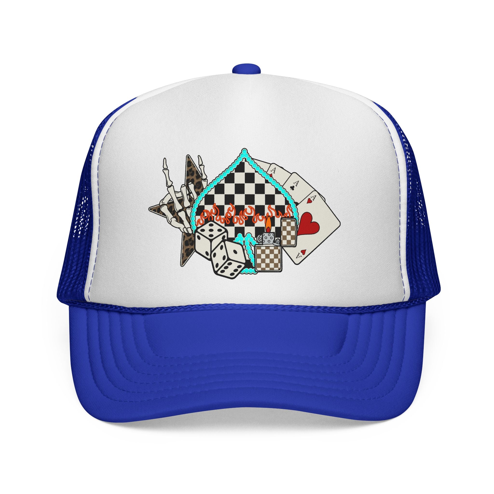 Retro Trucker Cap — Checkerboard, Dice & Playing Cards Design