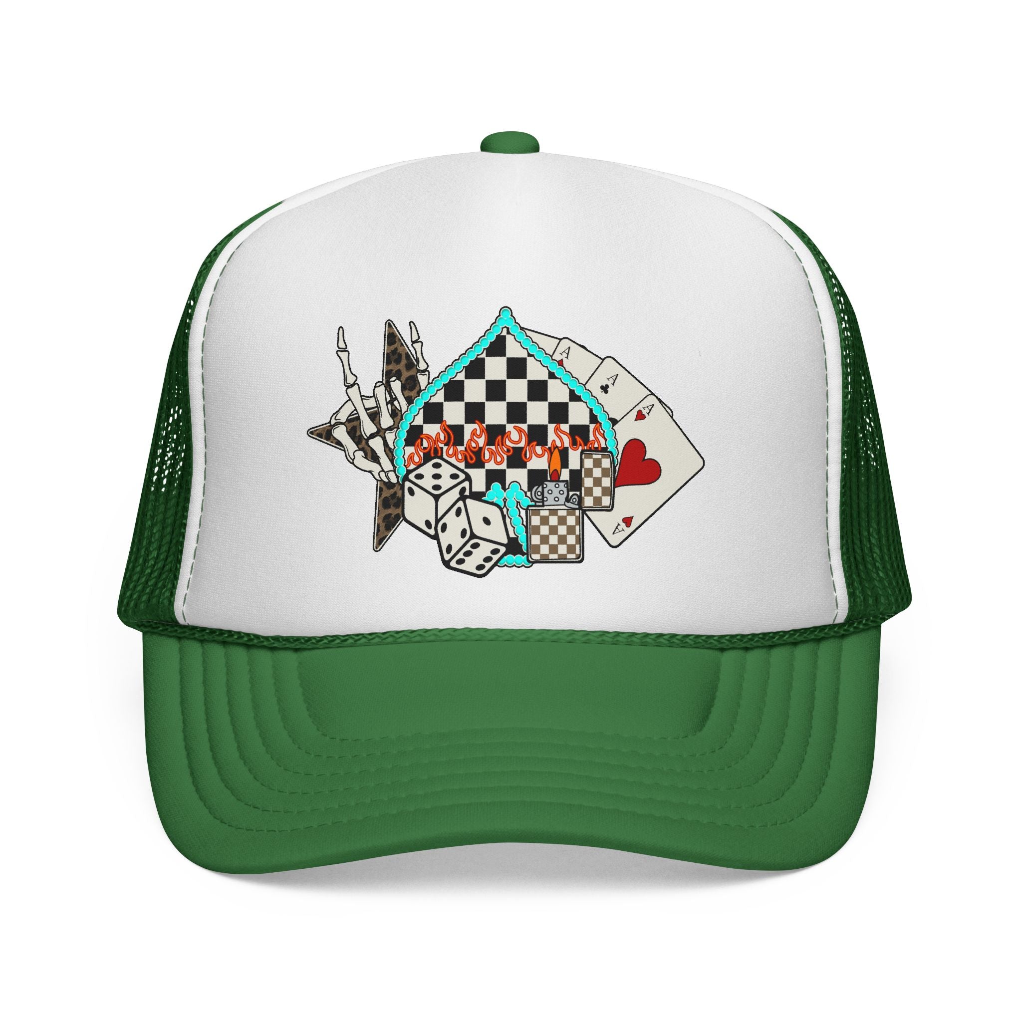 Retro Trucker Cap — Checkerboard, Dice & Playing Cards Design