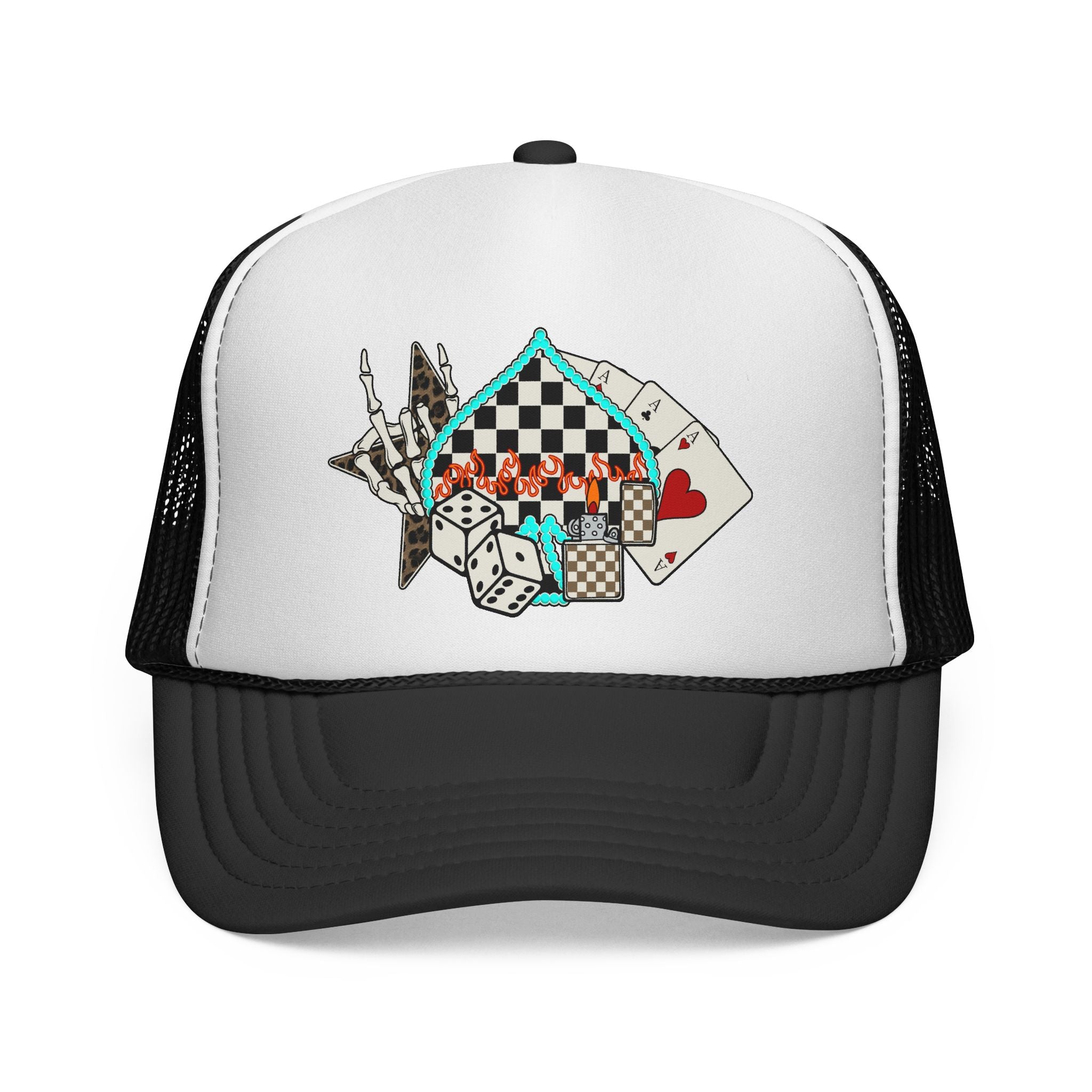 Retro Trucker Cap — Checkerboard, Dice & Playing Cards Design