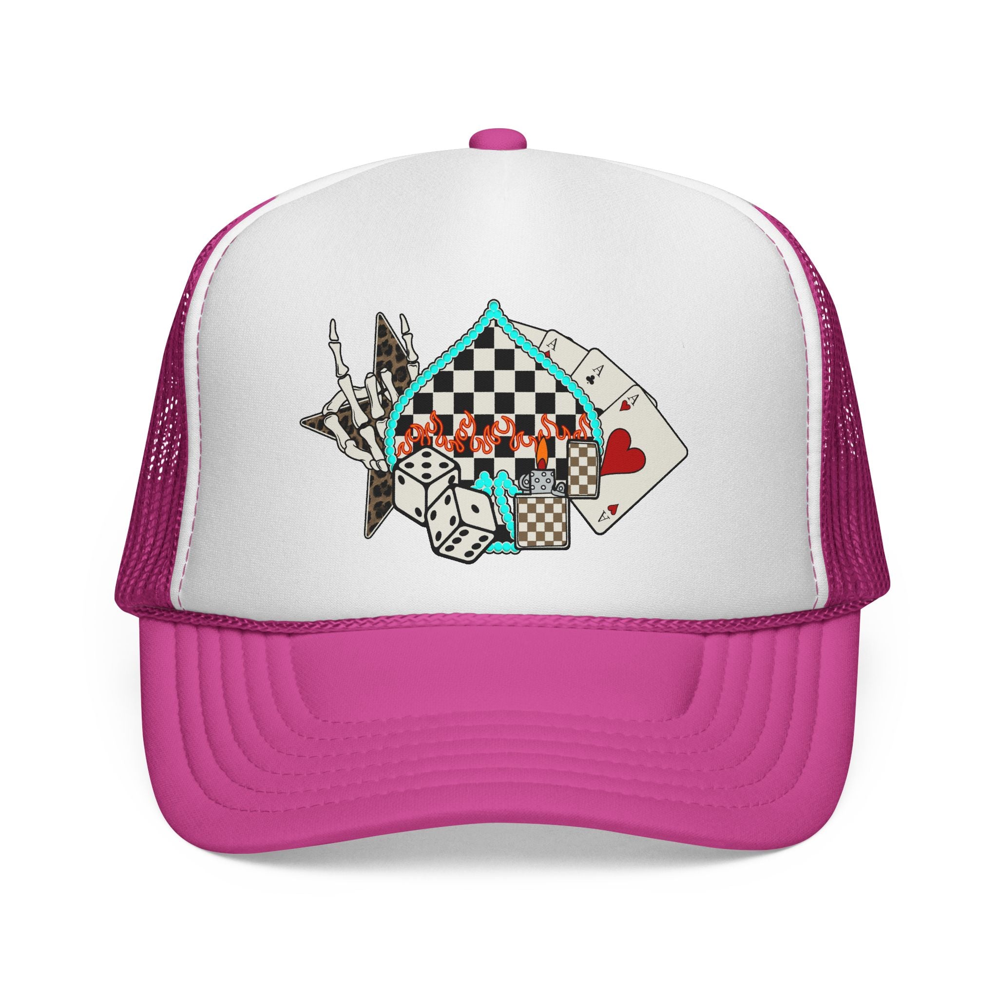 Retro Trucker Cap — Checkerboard, Dice & Playing Cards Design